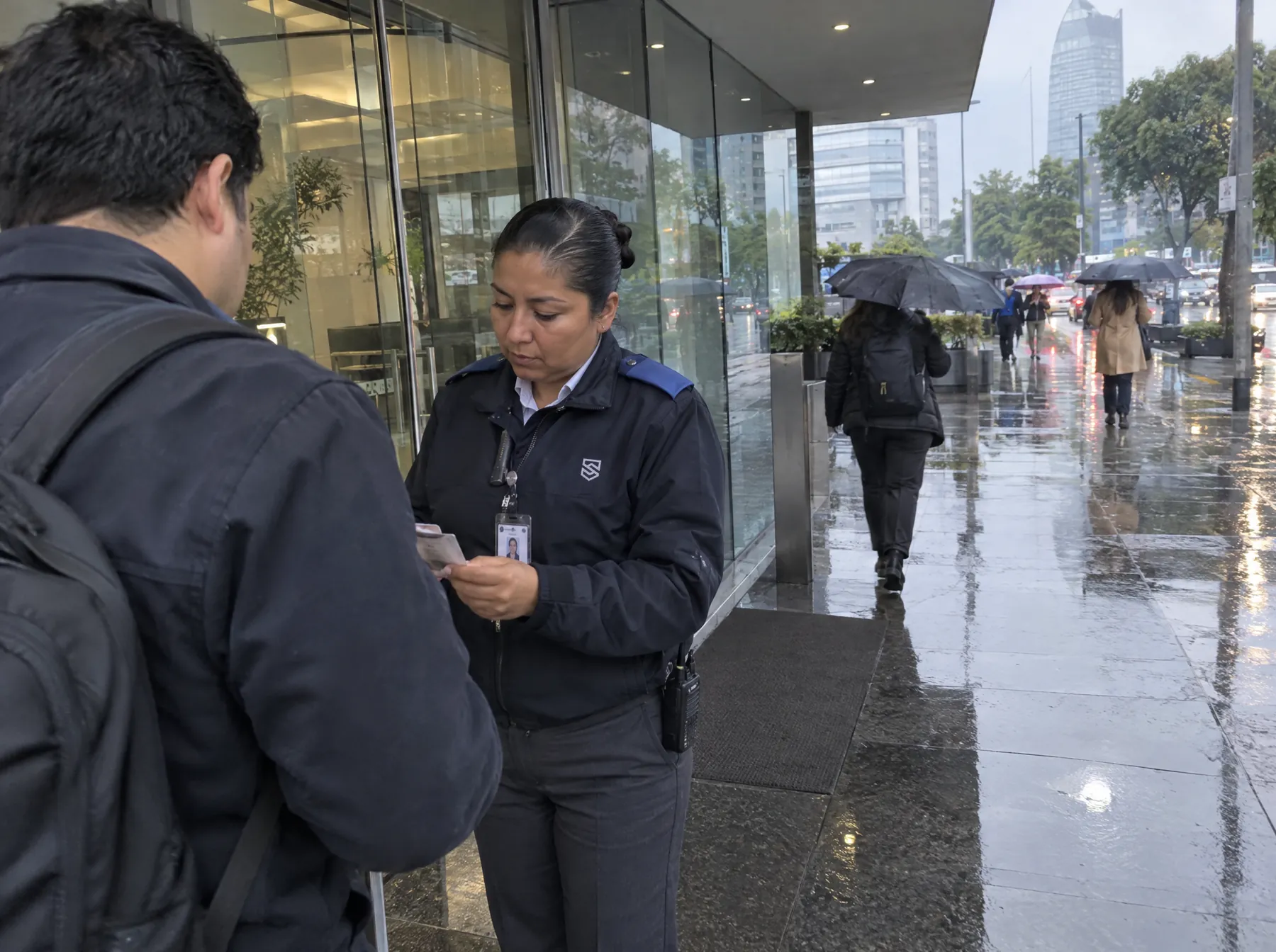 Guardia verifica la identificación de un visitante en la entrada de un edificio de oficinas en un día de lluvia