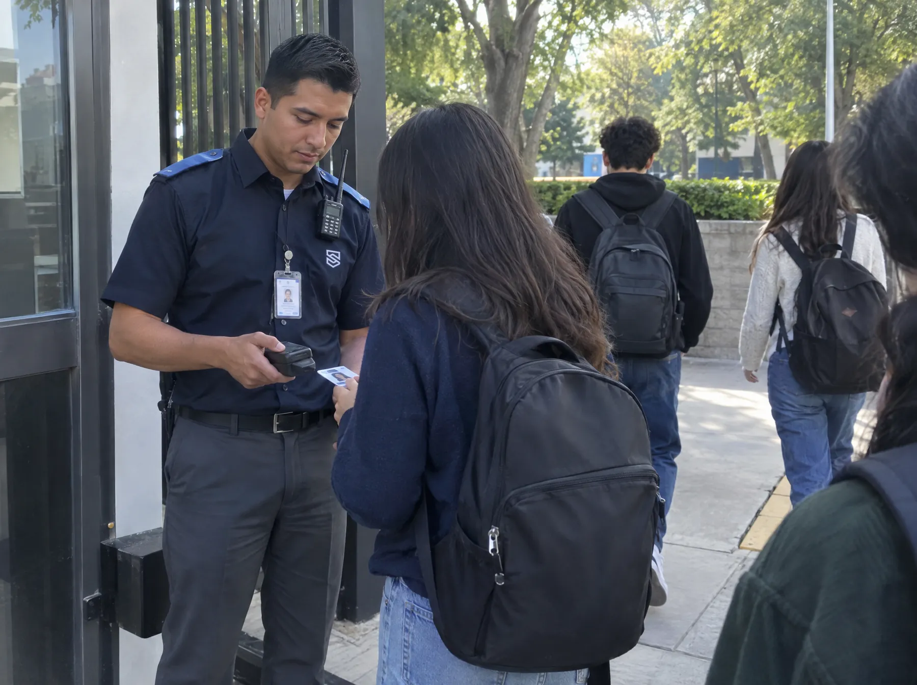 Guardia valida la credencial de una estudiante en el acceso peatonal de un campus universitario