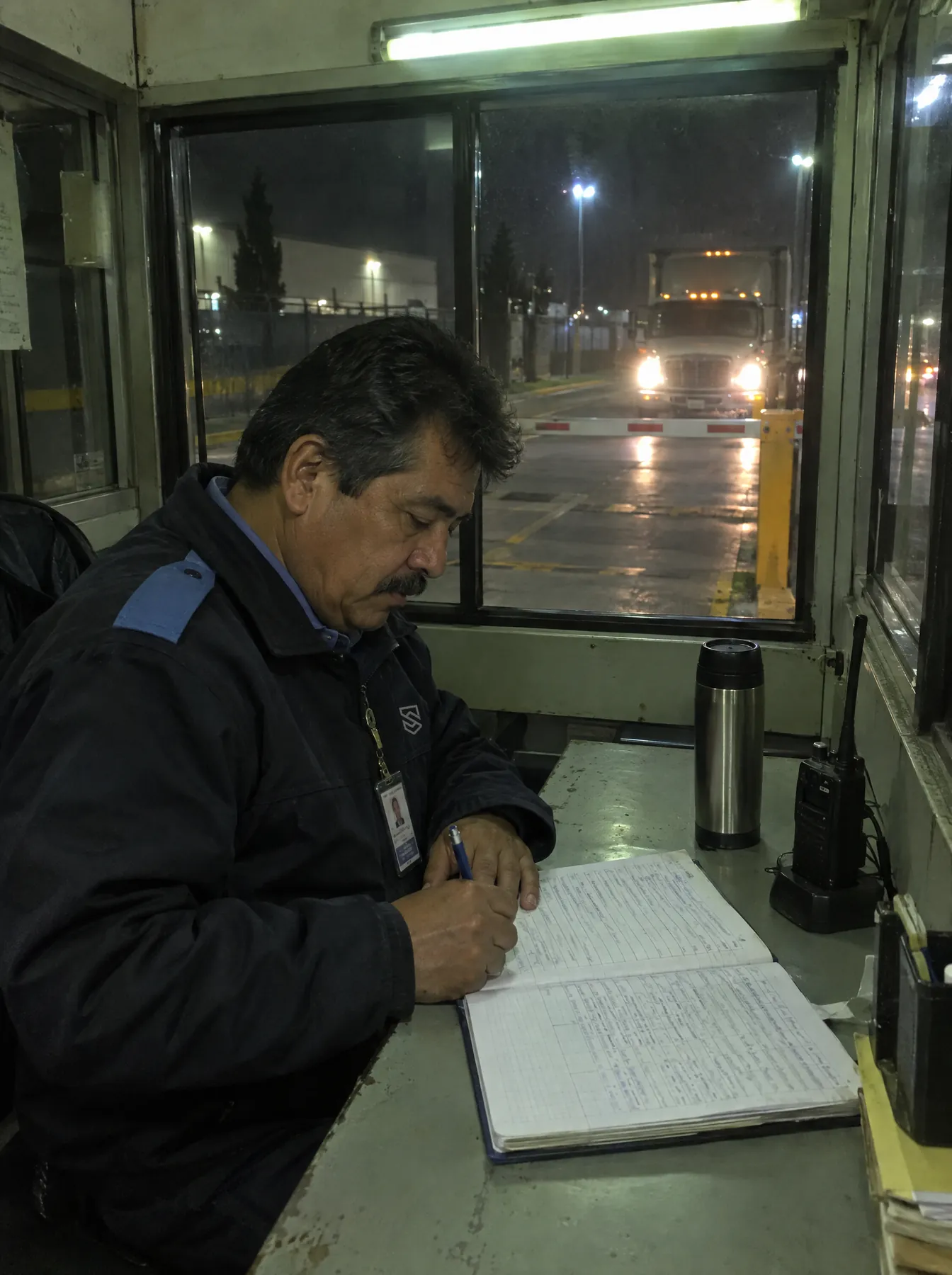 Guardia registra la entrada de un camión en la bitácora dentro de la caseta de un parque industrial por la noche