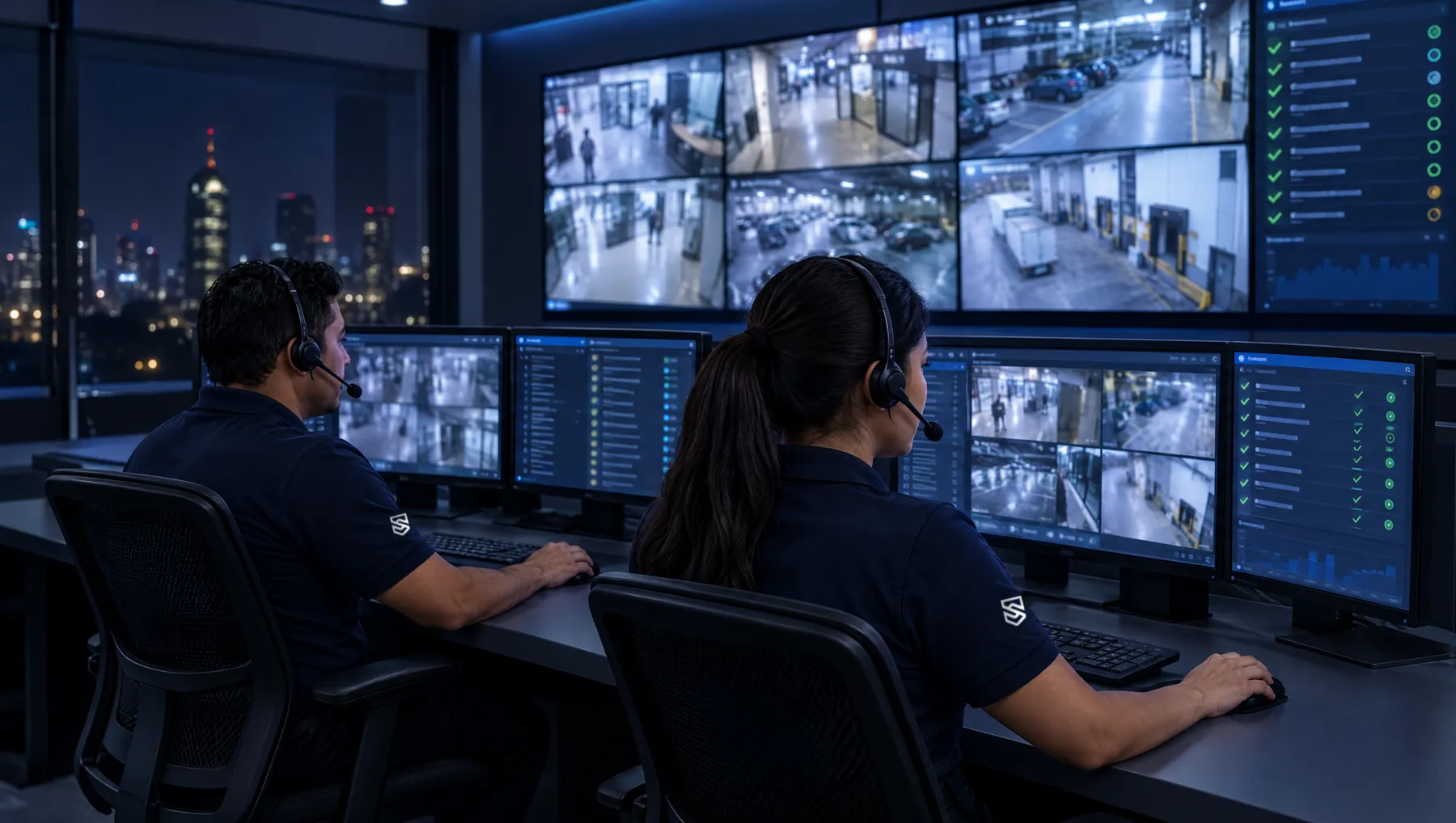 Operadores de un Centro de Control de seguridad supervisan cámaras y alarmas por la noche en la Ciudad de México