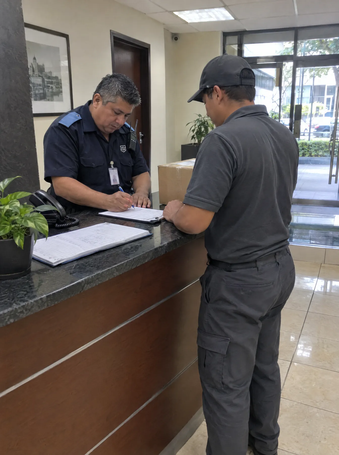 Guardia en la recepción de un edificio de oficinas firma la entrega de un paquete de mensajería