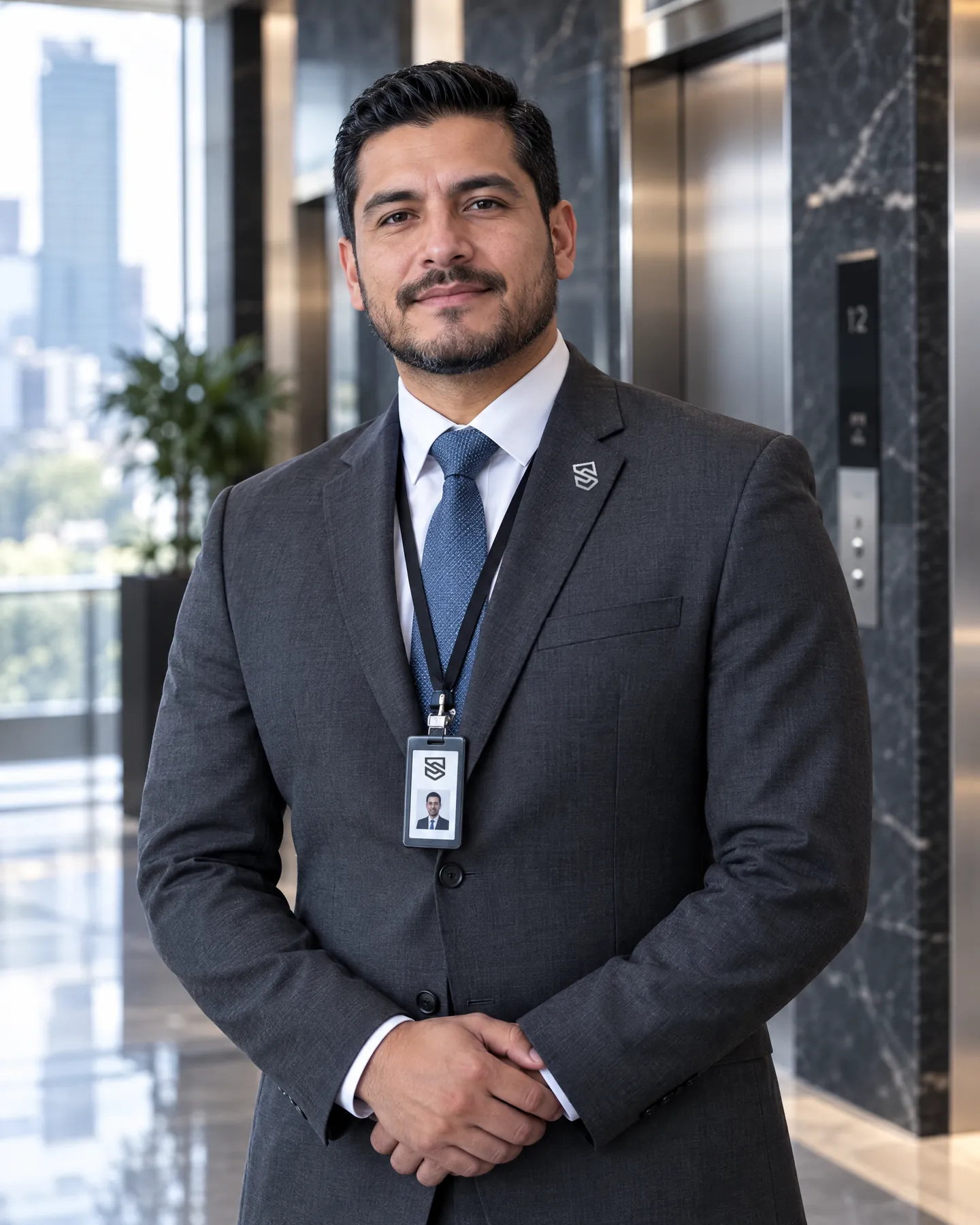 Oficial de seguridad corporativa de traje en el lobby de elevadores de una torre de oficinas