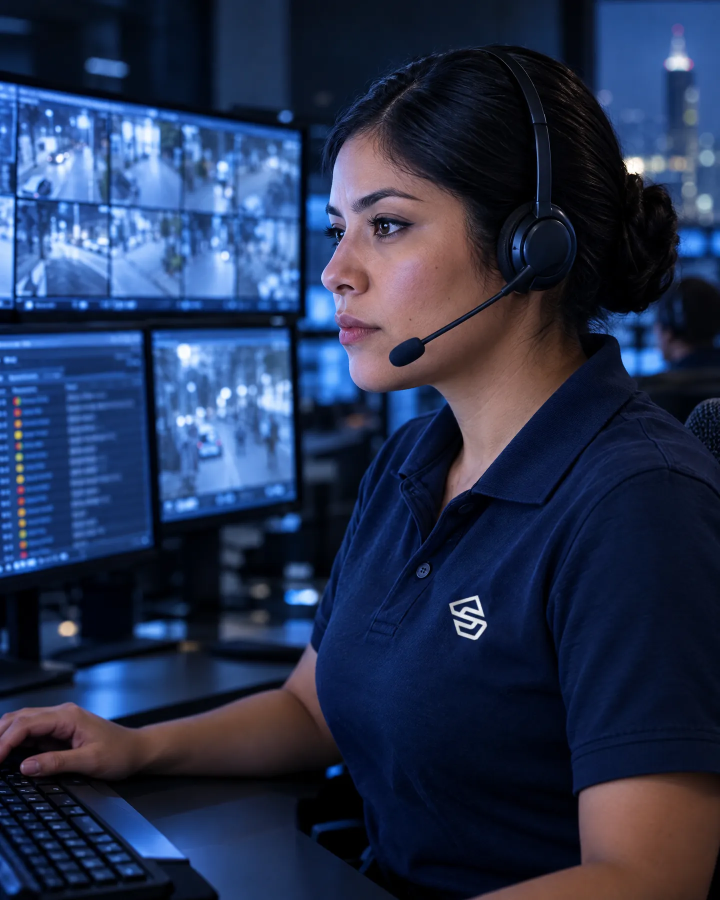 Operadora de monitoreo 24/7 con diadema revisa cámaras y bitácora de eventos