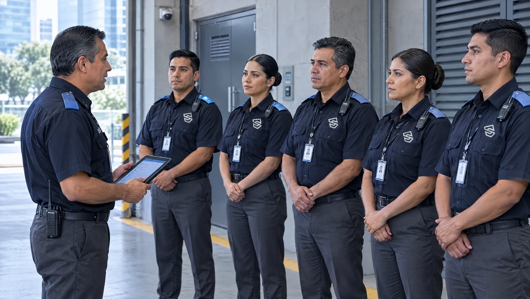 Supervisor da instrucciones a guardias de seguridad en el pase de lista al inicio del turno