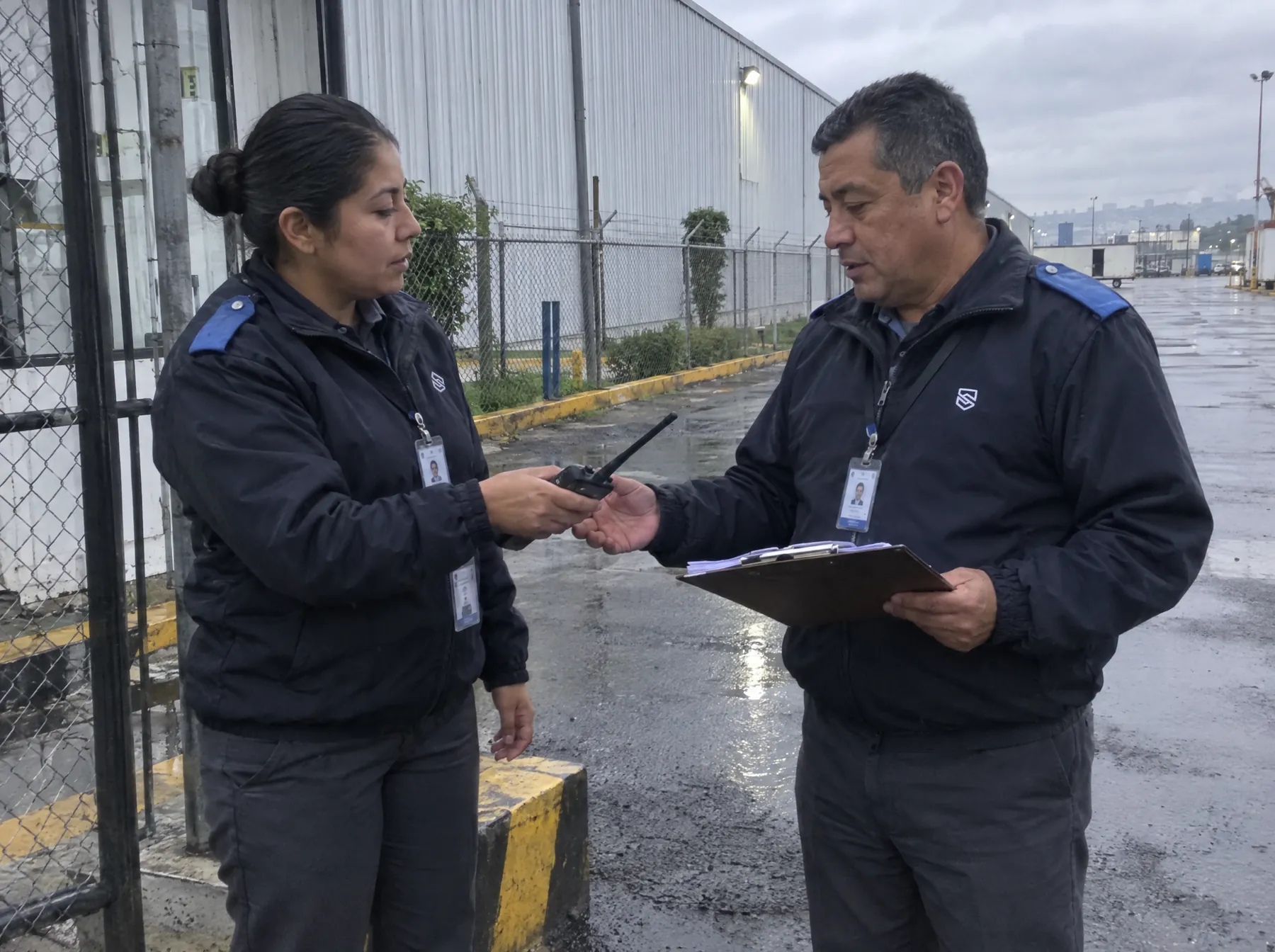 Dos guardias hacen el cambio de turno y se entregan radio y bitácora en el acceso de una bodega industrial